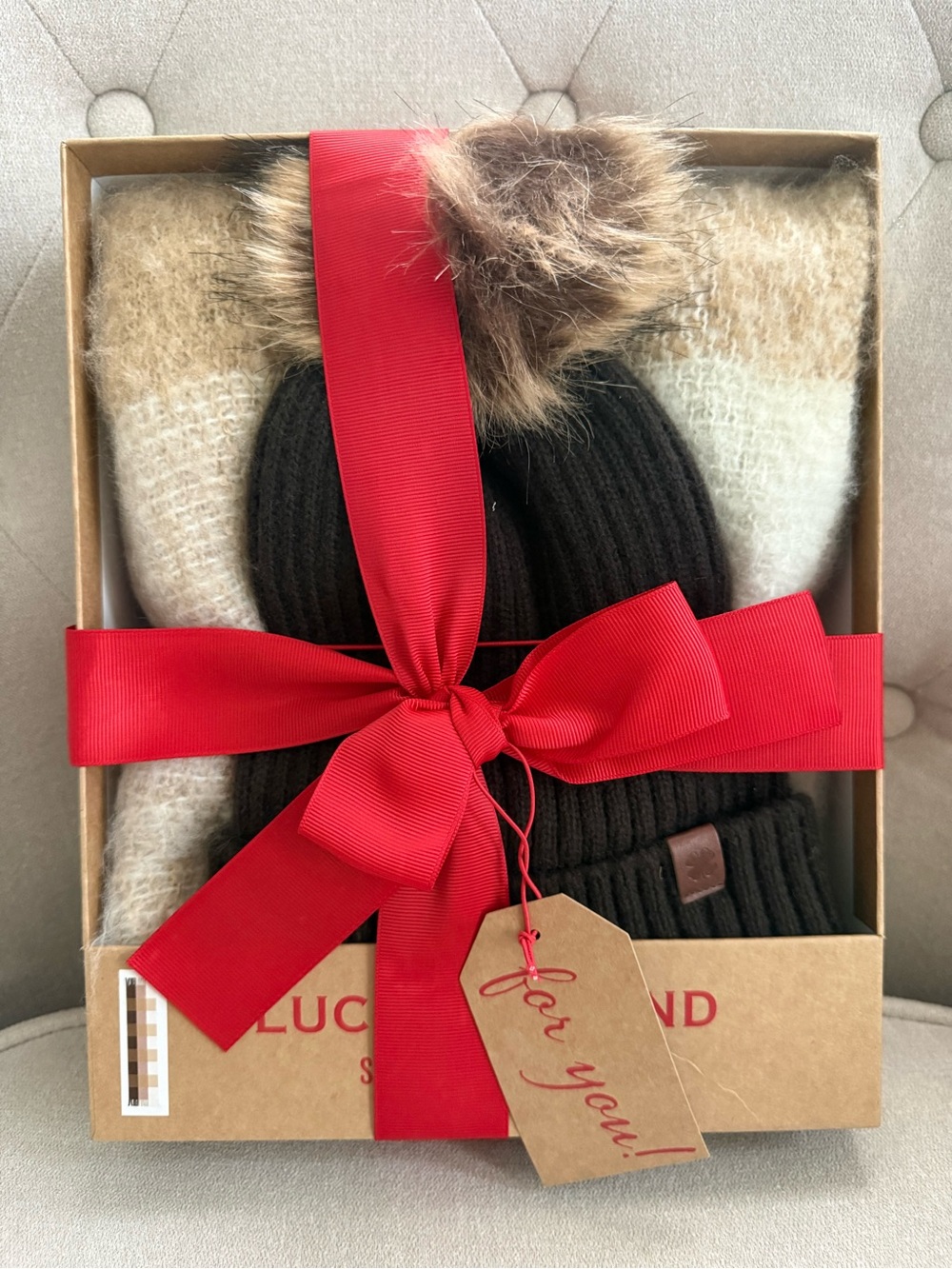 Cozy Gift Set: Black Ribbed Pom Beanie with Neutral Knit Scarf